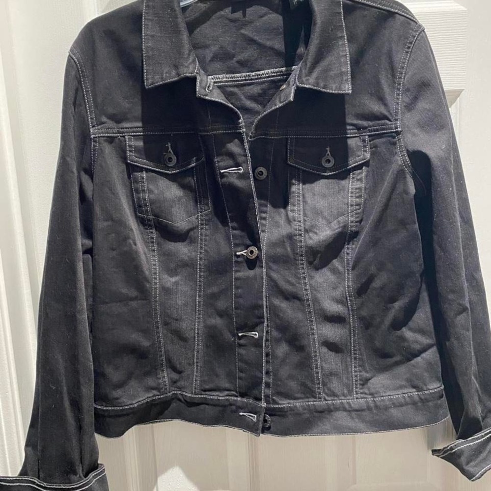 New York & Company Black denim jacket with white stitching Size L